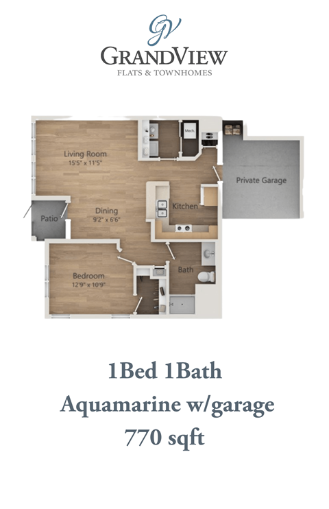 Floor plan for 1 bed, 1 bath, 770 sqft